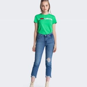 Levi's 724 High Rise Straight Leg Crop Distressed Frayed